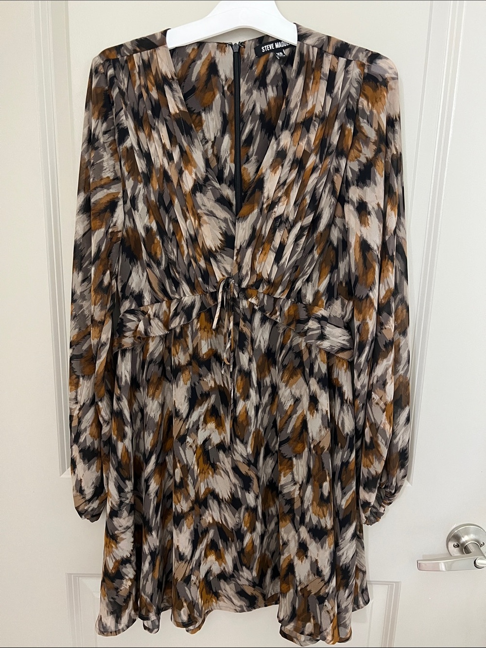 Steve Madden Black Brown Cream Brushstroke Tie-Front Mini Dress